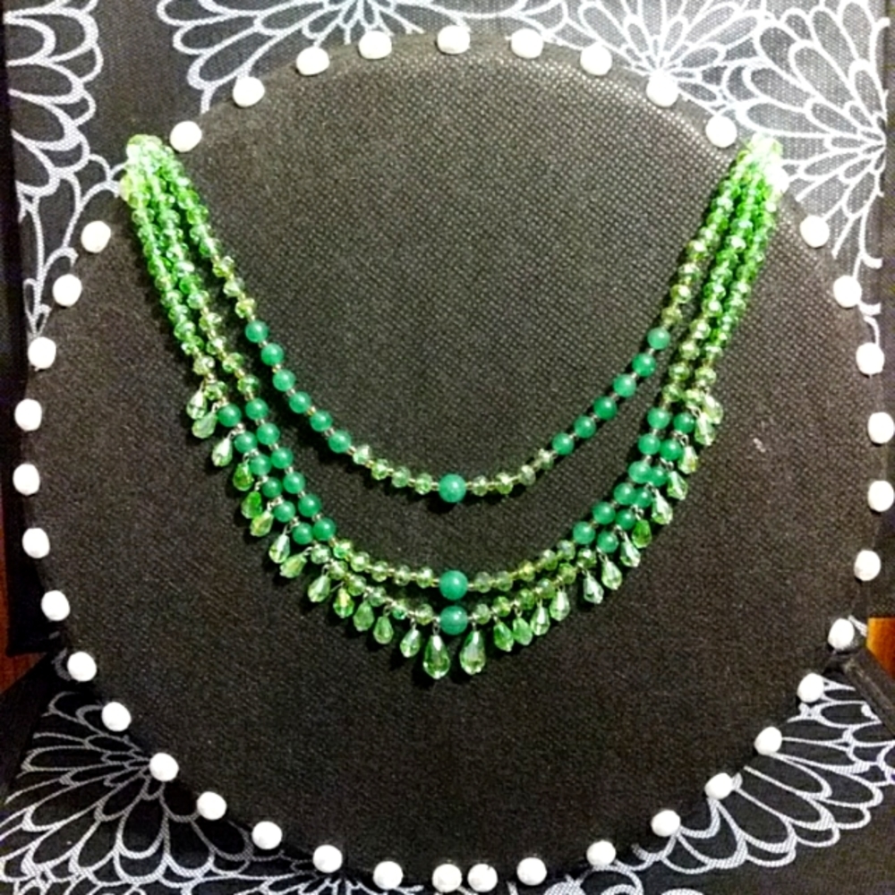 Necklace Layered Multi-Strand Green/Yellow Glass and Quartzite 18-20in.